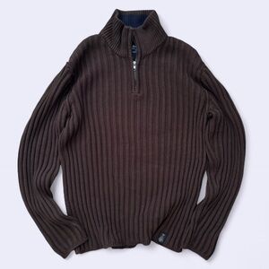 Vintage Nautica Jeans Co Brown Chunky Rib Knit Quarter Zip Sweater L/XL